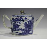 A Chinese blue and white export porcelain teapot and cover, Qianlong period, of gently fluted