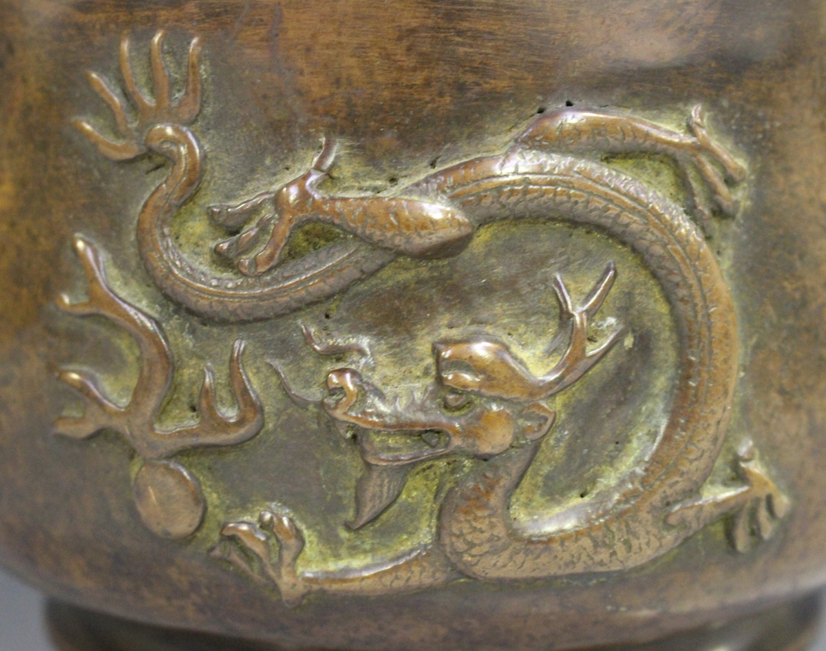 A Chinese brown patinated bronze bombé censer, the body cast in relief with opposing dragons, - Image 5 of 8