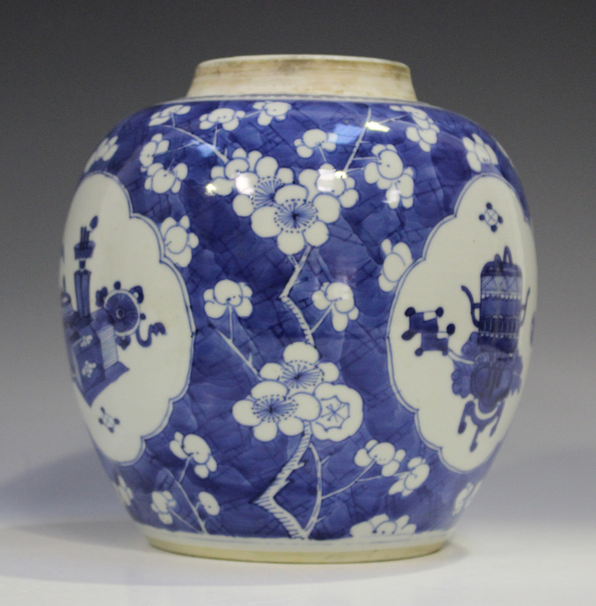 A Chinese blue and white porcelain ginger jar and cover, Kangxi period, painted with panels of - Image 2 of 11