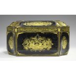 A Chinese Canton export lacquer tea caddy, mid-19th century, the domed hinged lid and sides gilt