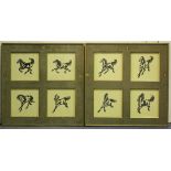 A set of eight Chinese cut black paper silhouettes of horses in different poses, 20th century,