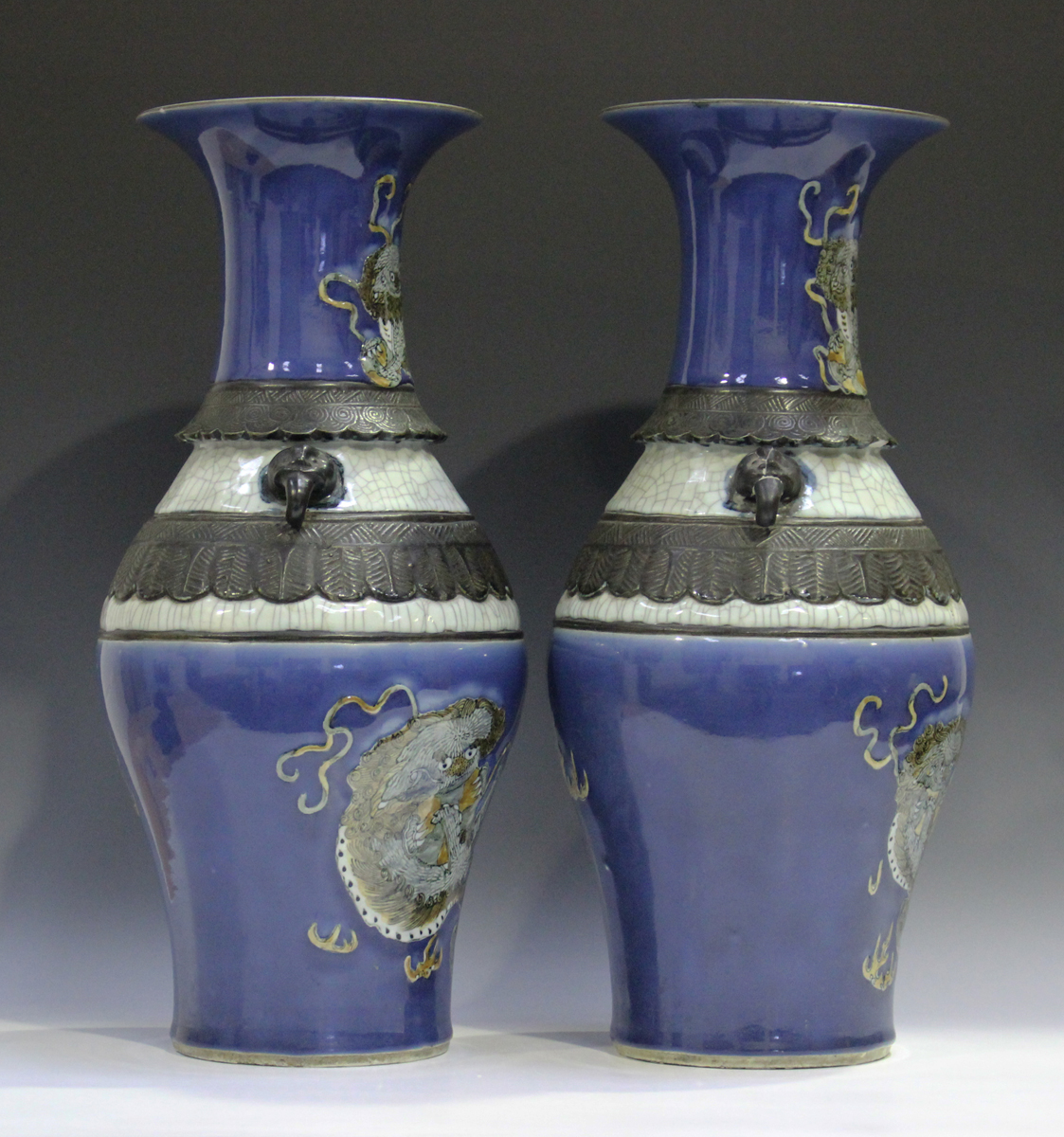 An impressive pair of Chinese blue and crackle glazed porcelain vases, late Qing dynasty, each of - Image 16 of 18