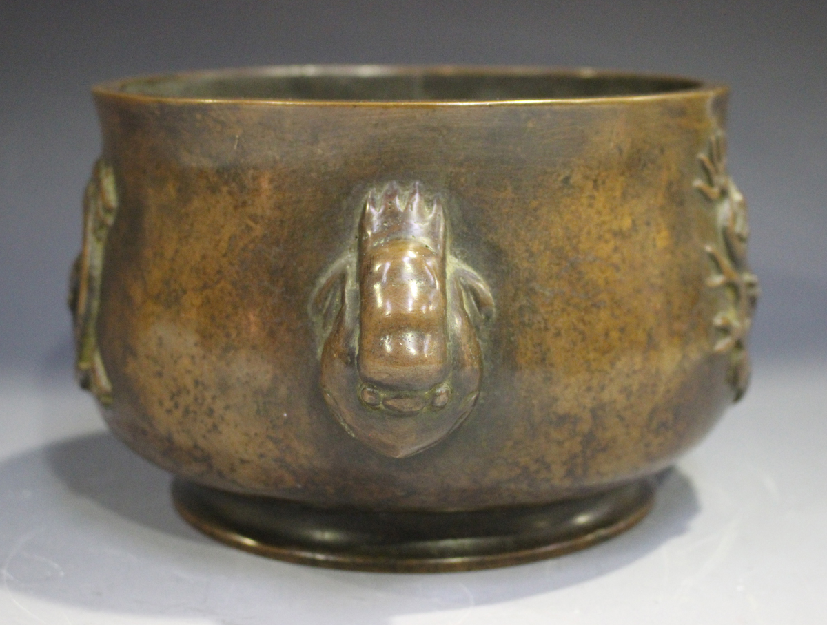 A Chinese brown patinated bronze bombé censer, the body cast in relief with opposing dragons, - Image 8 of 8