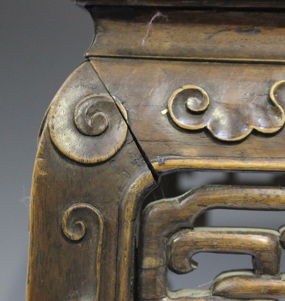 A Chinese hardwood jardinière stand, late 19th century, the square top inset with a rouge marble - Image 3 of 8