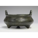 A Chinese brown patinated bronze tripod censer, mark of Xuande but probably Qing dynasty, of