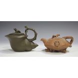 A Chinese Yixing stoneware teapot and cover, 20th century, modelled as a lotus leaf with frog finial