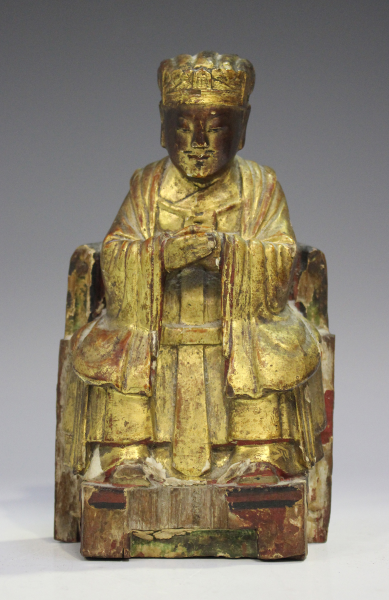 A Chinese gilt and polychrome painted carved wood figure of a dignitary, late Qing dynasty, seated - Image 20 of 20