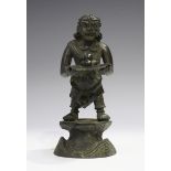 A Chinese brown patinated bronze jostick holder figure of a standing gentleman, Qing dynasty,