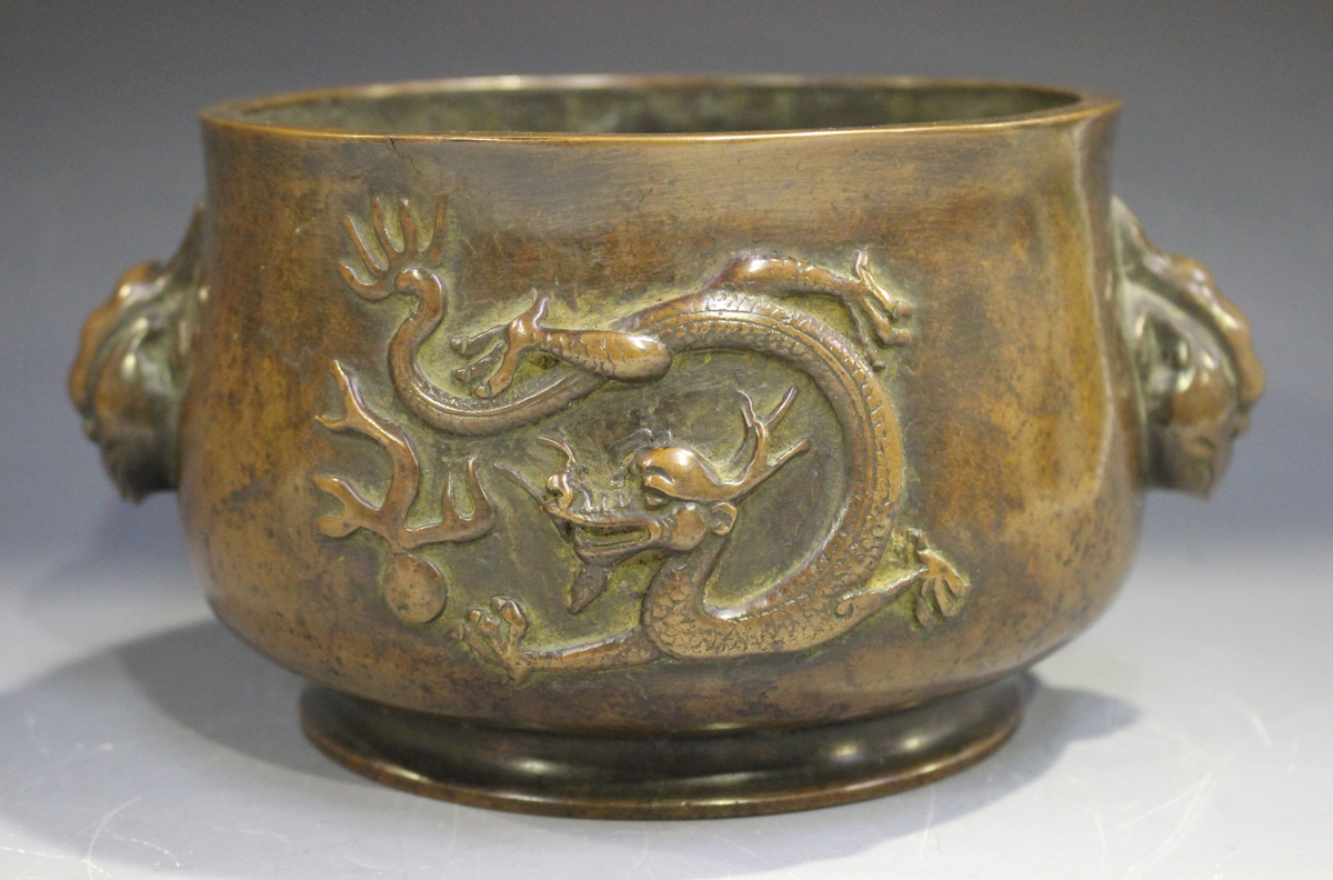 A Chinese brown patinated bronze bombé censer, the body cast in relief with opposing dragons, - Image 7 of 8