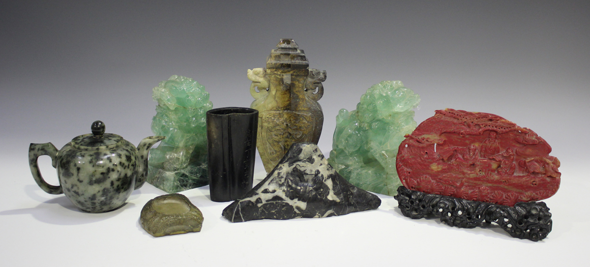 A group of Chinese hardstone carvings, mostly 20th century, including a pair of green quartz