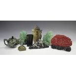 A group of Chinese hardstone carvings, mostly 20th century, including a pair of green quartz