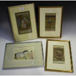 A group of three Indian Mughal style manuscript pages, 20th century, each depicting a figural