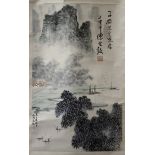 Two Chinese hanging scroll paintings, 20th century, one depicting a shoreside view with mountains