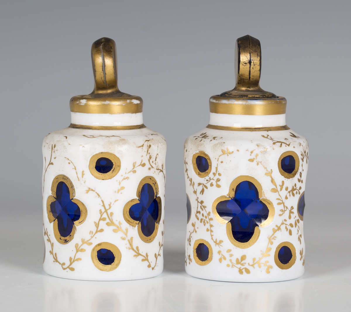 A pair of white overlaid Bohemian blue glass scent bottles and stoppers, late 19th century, of - Image 3 of 3