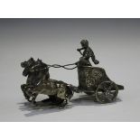 An early 20th century silver model of a three-horse-drawn Roman chariot and driver, import mark