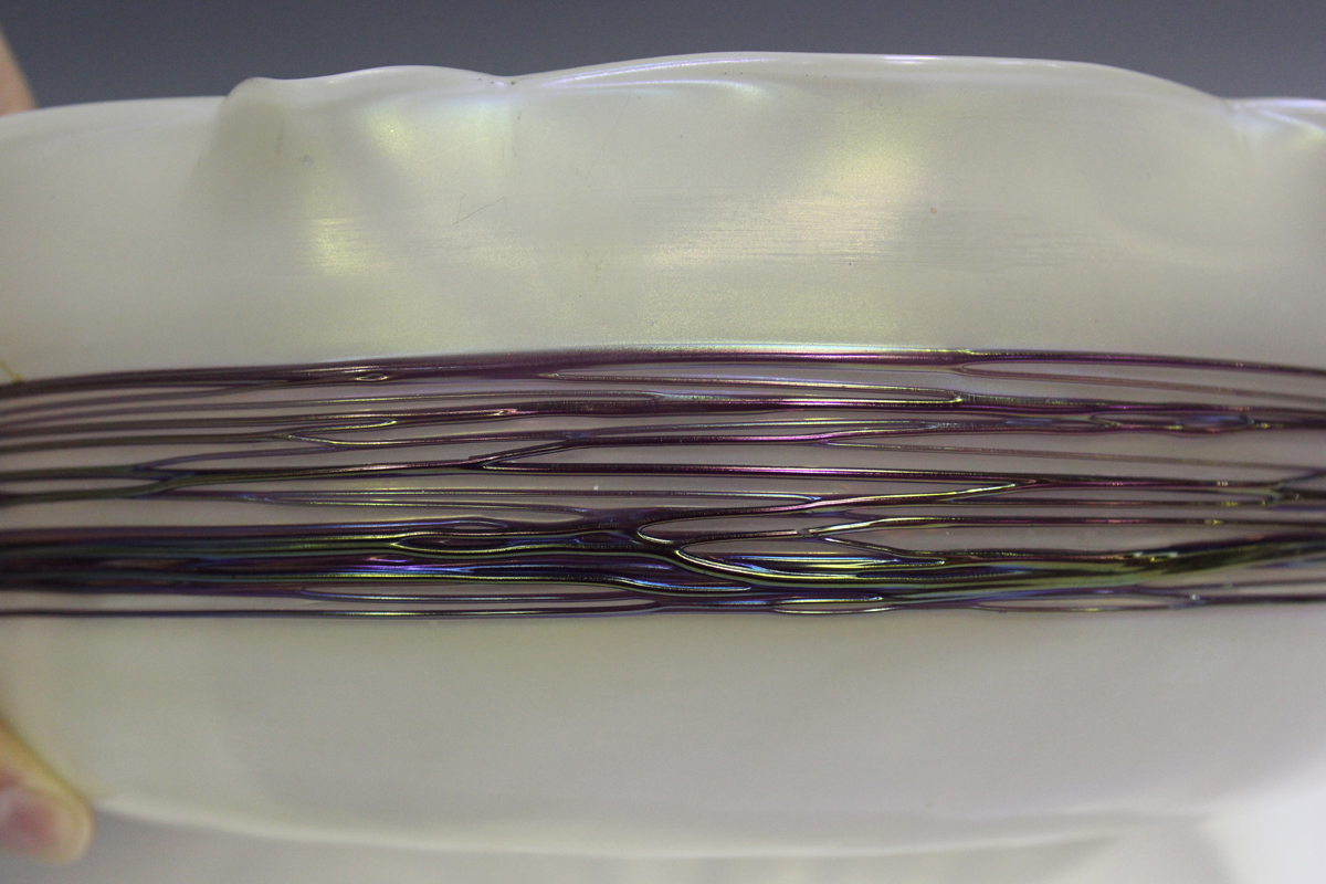 A green iridescent glass vase of Loetz Silberiris type, circa 1900, the lobed bulbous body beneath a - Image 3 of 4