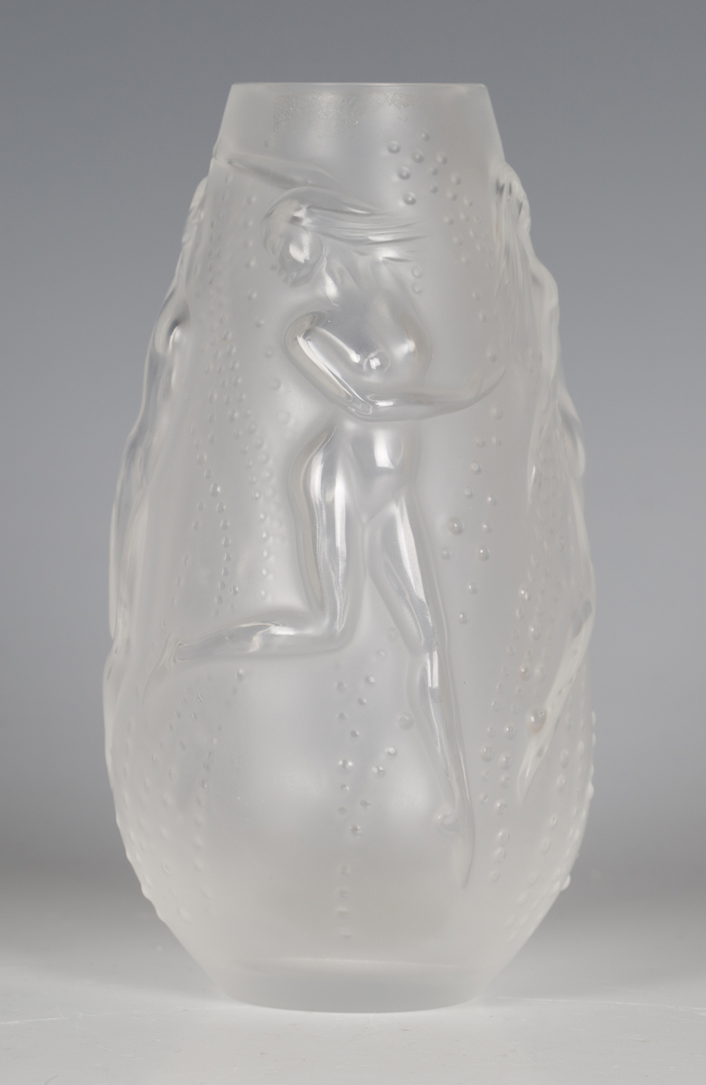 A Lalique frosted glass Nymphes vase, modern, engraved mark to base, height 14cm, boxed (minor - Image 4 of 5