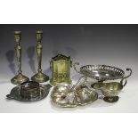 A collection of assorted plated items, including a pair of plated on copper candlesticks, height