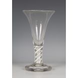 An oversize double series opaque twist wine glass, 19th century, the drawn funnel bowl above a plain