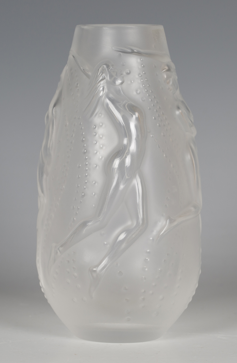 A Lalique frosted glass Nymphes vase, modern, engraved mark to base, height 14cm, boxed (minor - Image 5 of 5