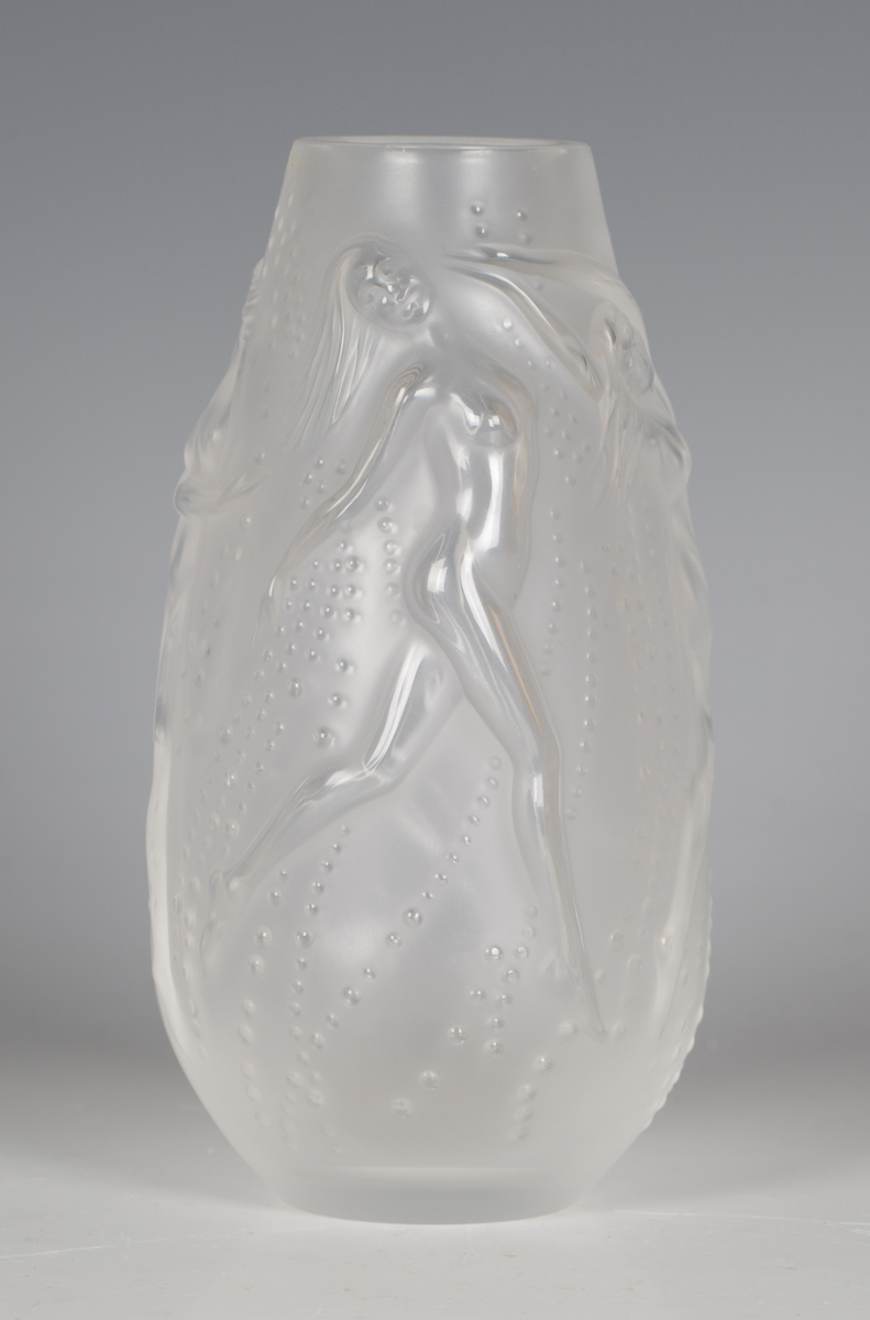 A Lalique frosted glass Nymphes vase, modern, engraved mark to base, height 14cm, boxed (minor - Image 3 of 5
