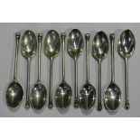 A set of ten late Victorian silver teaspoons, each with hexagonal ball finial, London 1882 by