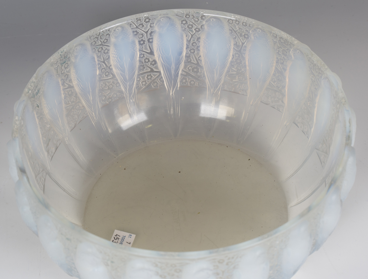 An Art Deco Lalique opalescent glass Perruches pattern bowl, circa 1931, the exterior moulded with a - Image 7 of 8