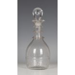 An Irish Cork Waterloo Glass Co triple ring neck decanter with bullseye stopper, 1790-1830, of