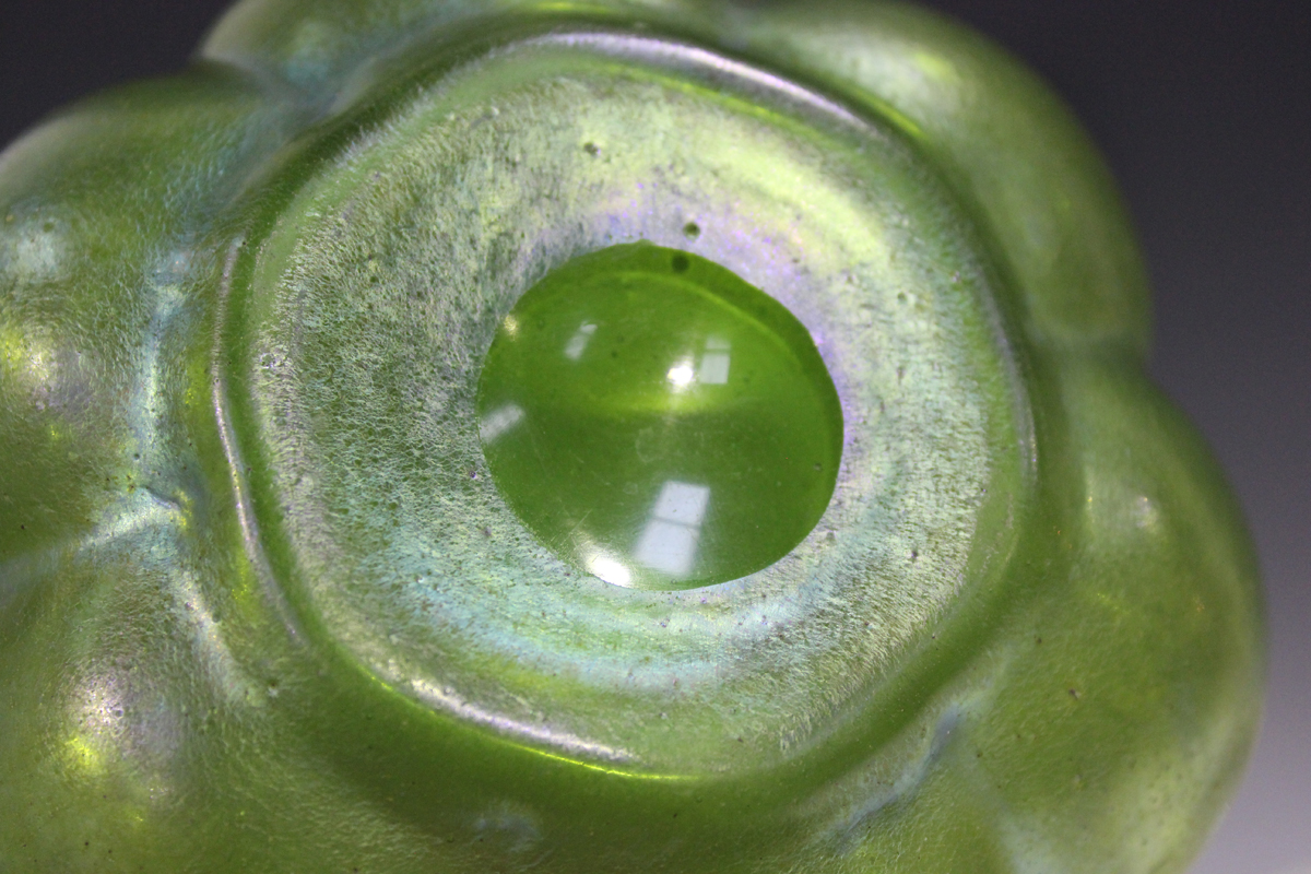 A green iridescent glass vase of Loetz Silberiris type, circa 1900, the lobed bulbous body beneath a - Image 4 of 4