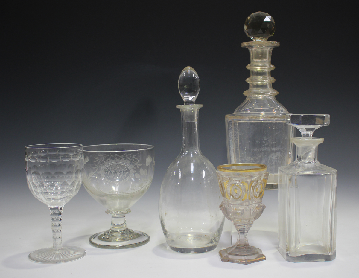 A small group of glassware, 19th century and later, including a magnum triple-ring neck decanter and