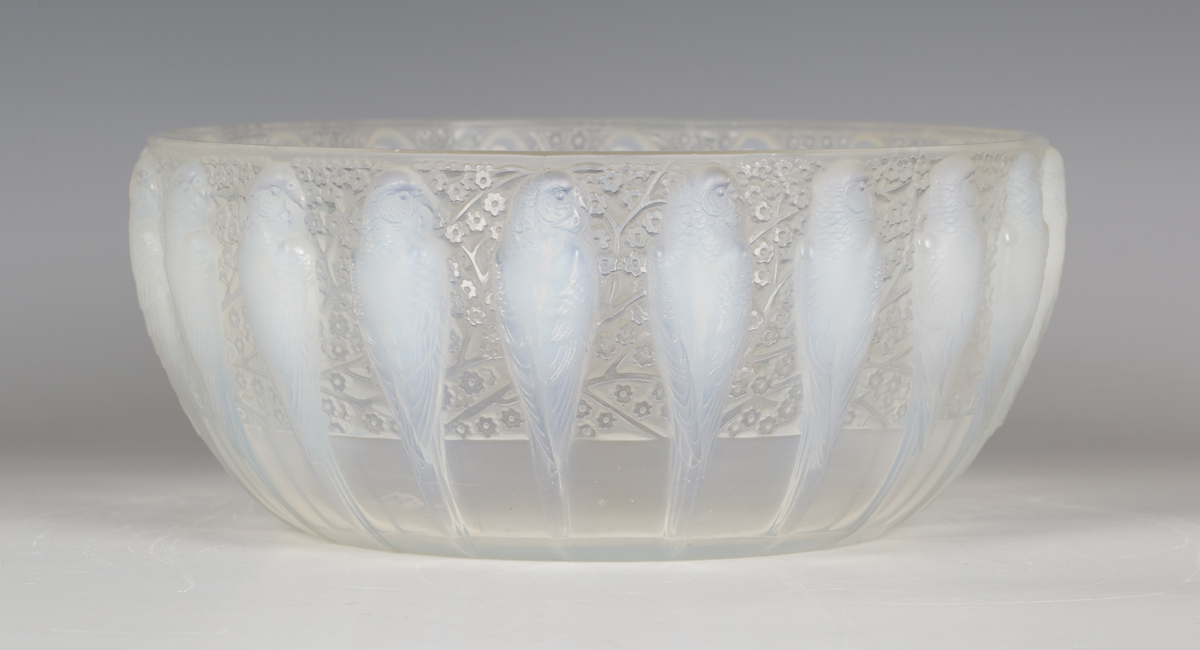 An Art Deco Lalique opalescent glass Perruches pattern bowl, circa 1931, the exterior moulded with a - Image 8 of 8