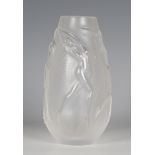 A Lalique frosted glass Nymphes vase, modern, engraved mark to base, height 14cm, boxed (minor