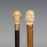 A 19th century ebonized walking cane, the ivory handle carved as the head of Shakespeare above a