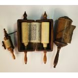 An early 20th century olivewood Torah scroll case, the exterior inscribed in black ink, length 16.