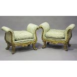 A pair of 20th century French gilt painted showframe stools, upholstered in patterned green silk,