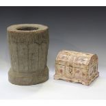 An ethnic carved wooden mortar, height 38cm, a set of four painted wooden pricket candlesticks,