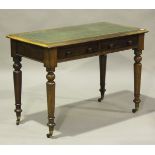 A late Victorian mahogany side table, the top later inset with leather above two drawers, on