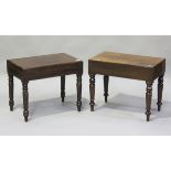 A near pair of Victorian mahogany bidet stools with removable tops, on turned legs, height 48cm,