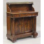 A William IV figured mahogany chiffonier, the pierced brass gallery above a single drawer and a