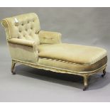 A late 19th century Louis XV style beech framed daybed, upholstered in mushroom velour, raised on