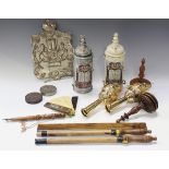 A group of mainly late 20th century Judaica, including two Torah scroll cases, other scroll holders,
