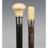A late 19th century ebonized walking cane with ivory handle and plated collar, length 89cm, together