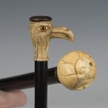 A late 19th/early 20th century ebonized walking cane, the ivory handle carved with the head of a