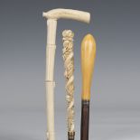 A late 19th century full-length sectional bone walking cane, length 82cm, a 19th century hardwood