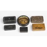 A group of seven snuff boxes, including an early 19th century penwork box, width 7.5cm (worn),