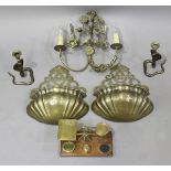 A small group of brassware, including a pair of 19th century Dutch brass wall planters, height 32cm,