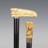 An early 20th century ebonized walking cane, the ivory handle carved as an animal with a serpent