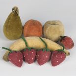 A group of early 20th century velveteen and fabric folk art models of fruit, including pear,