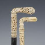 A late 19th century ebonized walking cane, the Chinese Canton ivory handle carved with birds and