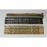 A small collection of Hornby Series name boards, comprising four 'Waterloo, Salisbury & Exeter',